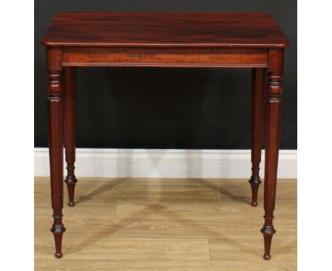 A 19th century mahogany lamp table, rounded rectangular top, tapered octagonal legs, bun-capped arrow feet, 73.5cm high, 77.5