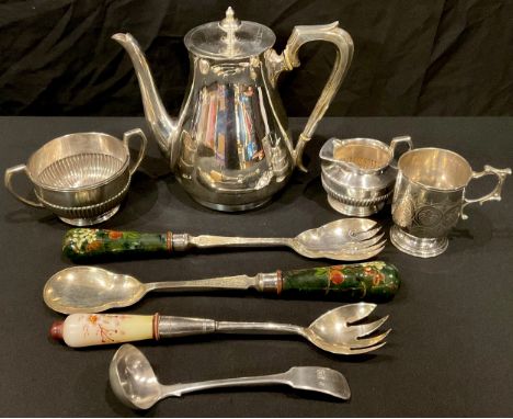 A Victorian silver christening cup, of Gothic design, London 1897, 2.5oz; an EPNS coffee pot, ladle, milk and sugar, salad se