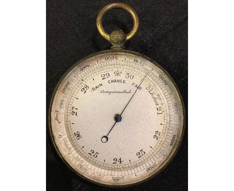 A 19th century lacquered brass aneroid pocket barometer, compass to verso, c.1890 