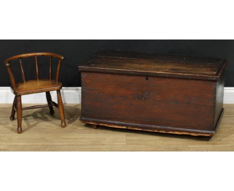 A 19th century chest or trunk, 41cm high, 86cm wide, 47cm deep; a beech child's elbow chair, 44cm high, 37.5cm wide, the seat