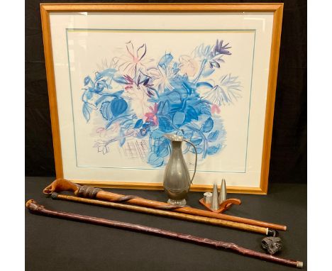 A Raoul Dufy print, 58cm x 75cm; a novelty carved horn spaniel mask walking stick; a carved hardwood python walking stick; a 