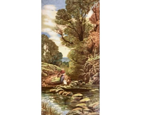 A 19th century Mintons rectangular tile, transfer printed with mother and children crossing stepping stones, mounted in Arts 