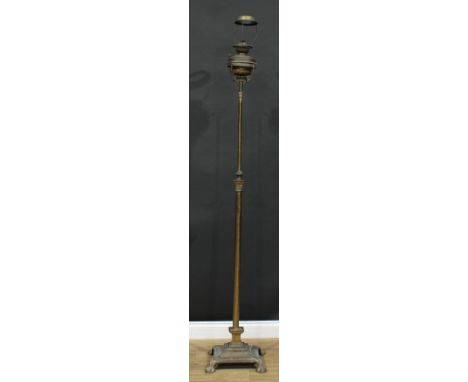 A brass floor-standing telescopic lamp, Corinthian column, stepped square base, 166cm extending to 209cm high overall 