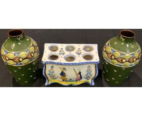 A pair of P. A. Wranitzky glazed ceramic vases, imprinted number 1016; a Quimper cache pot (3) 