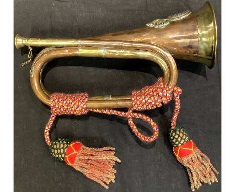 Militaria - a copper and brass bugle, applied with the insignia of the Royal Welsh Fusiliers 
