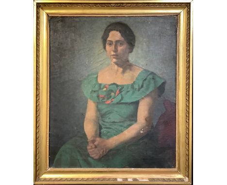 English School  Society Portrait, young lady wearing green dress  oil on canvas, 75cm x 63cm 