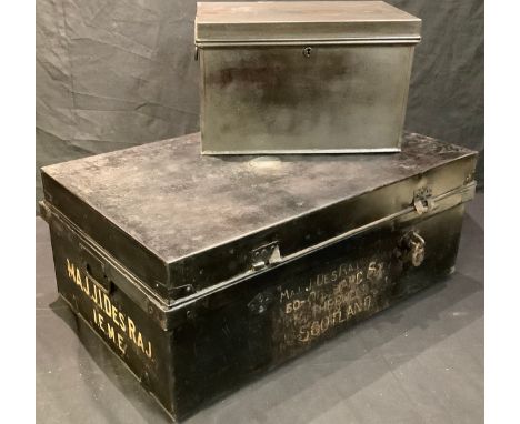 A metal military campaign chest, Maj. DesRaj, Scotland, initialled JIDR, 75cm wide; another similar smaller metal trunk (2) 