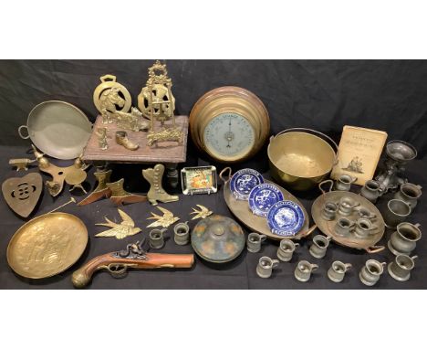 A John Barker circular wall barometer; a 17th century style oak stool; a selection of pewter measures; a Rococo style brass e