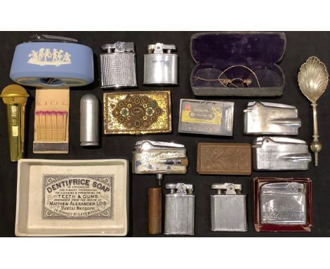 Boxes and Objects - a Wedgwood Jasperware Ronson table lighter; other lighters; an ceramic advertising dish, Matthew Alexande