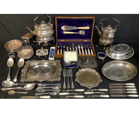 A 19th century silver plated tea kettle on stand; another similar; a silver on copper tea caddy, 19th century; entree dish; b