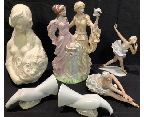 A Wedgwood Classical Collection figure group, Peace &amp; Friendship, 693/3000; a Poole studio pottery female bust, signed B.