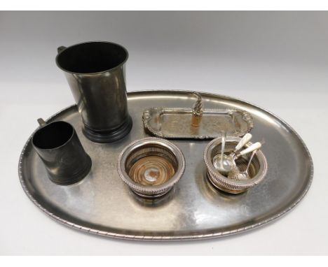 A 1960s oval Keswick School of Industrial Art Firth Staybrite stainless steel platter, along with two plated and wooden wine 