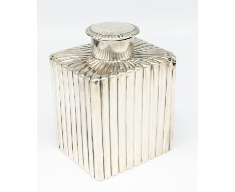 A Victorian silver rectangular tea caddy, with ribbed designed body and removable silver cap, engraved initials and date to t