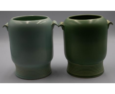 &nbsp;Two green ground Susie Cooper condiment/utensil pots, 1930s, incised marks to base with style numbers, 1 with incised S