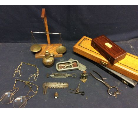  Collection of early 20th Century scales, 19th Century precision tools, sugar snips, silver handled carvery set in Edwardian 