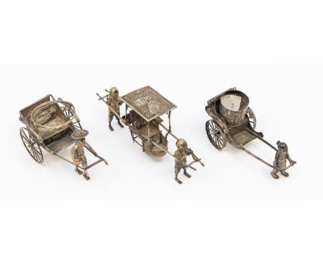 Three various Chinese silver models to include: figure drawing rickshaw, stamped (condiment holder); figure drawing a ricksha