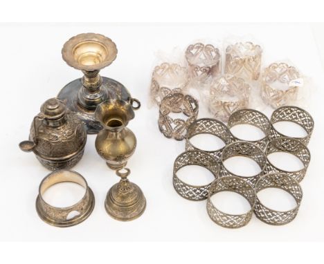 A collection of mixed 20th century white metal items to include; an Egyptian white metal tea light holder with removable snuf