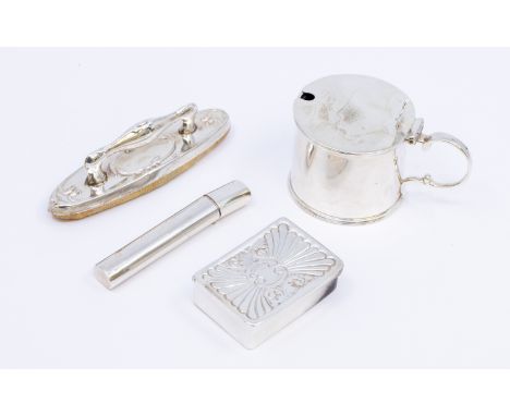 A small collection of silver items to include; a George V silver drum mustard pot, c scroll handle, hallmarked by George Unit