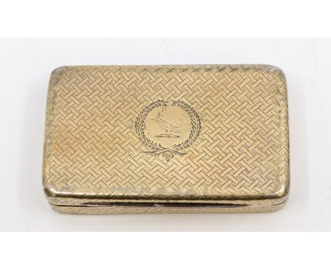 A George III silver gilt engraved snuff box, the exterior engraved with basket weave design and the cover engraved with a cre