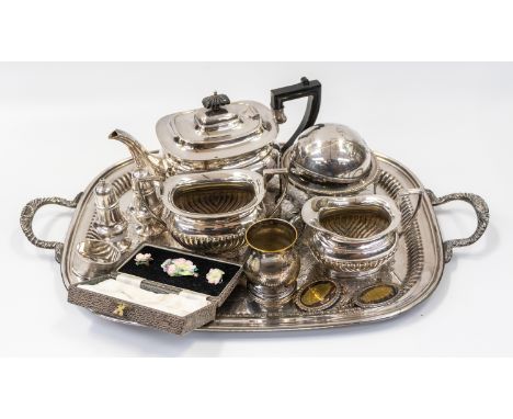 A collection of mixed silver plated wares to include; Regis plate tea set, gallery tray, butter dish with four feet and globe