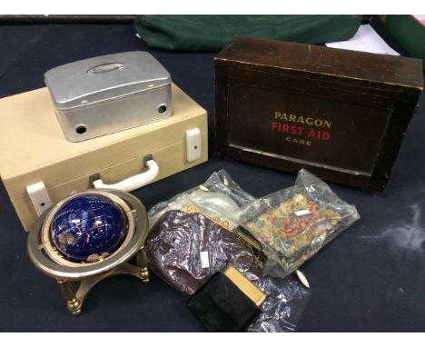 A mid 20th century Paragon First aid kit with contents in wooden drop front carry case, a Brexton mid century travelling suit