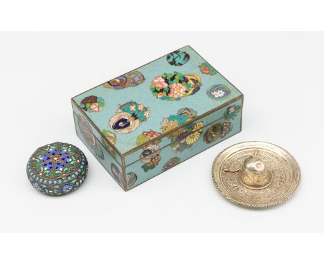 A North European silver gilt and cloisonne circular snuff box and cover, turquoise beading, Import marks, hallmarked Birmingh