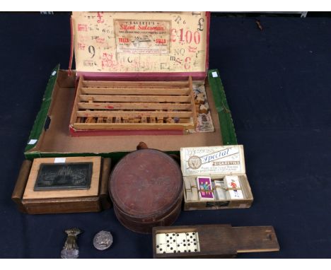 Vintage boxed printing blocks, Italian trinket box, cigarette cards, dominos and leather collar box.