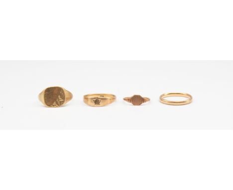 A hallmarked 9ct gold wedding band (size O) and three other 9ct gold rings a/f damaged combined gross weight approx 7 grams.