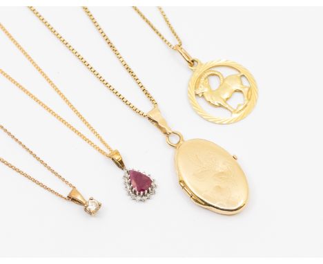 A collection of necklaces to include two 14ct gold pendants and chains, combined weight approx 11.8gms along with a diamond s