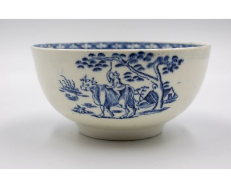 A Derby blue and white bowl decorated with cowsDiameter 12cm Condition ; Small chip restored to top rim with slight overspray
