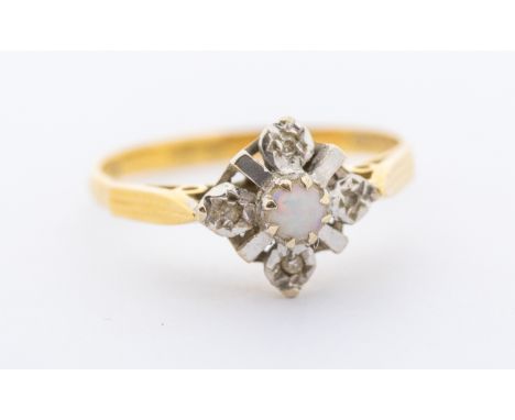 A diamond and opal 18ct gold cluster ring, small central opal within a border of small diamonds, size O, total gross weight a
