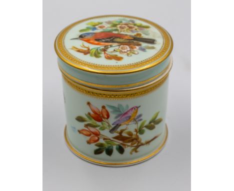 A Royal Worcester cylindrical box and cover painted with birds by John HopewellCirca 1875Box and Cover: 7.5cm high, 8cm diame