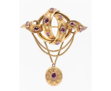 A mid 19th century garnet and yellow metal knot brooch, comprising a decorative knot set with oval mixed cut garnets, chain s