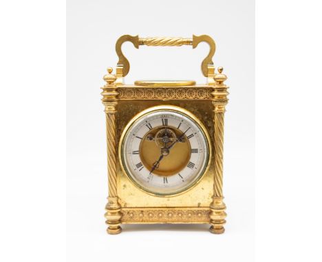 A late 19th Century French brass carriage/mantle clock with built in compass and thermometer to top, slight open face with si
