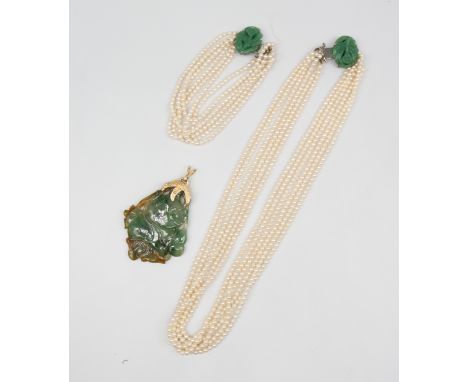 A cultured pearl and aventurine necklace and bracelet suite, the necklace comprising six rows of cultured small pearls each a