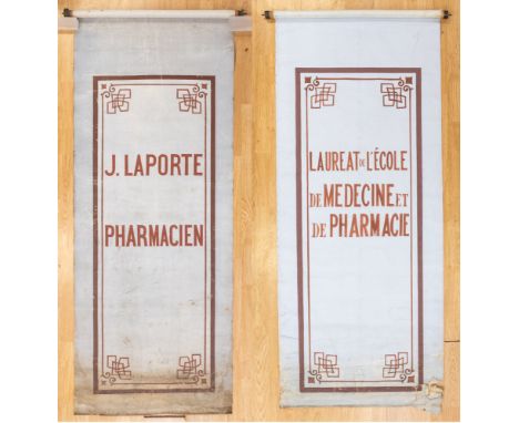  Advertising: A pair of early 20th century, French, canvas, advertising / business, roll-up signs, stamped in ink. One stampe