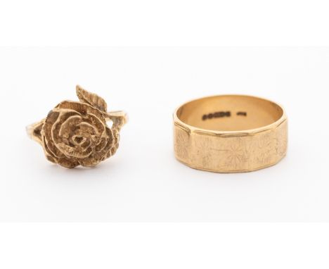 A 9ct gold dress ring in the form of a rose, size O, along with a faceted engraved wide band, width approx 7mm, size T, combi