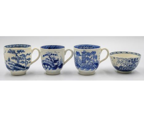 A Worcester  blue and white tea bowl and three cups Tea bowl diameter 8cm, 2 cups diameter 6.5cm and small cup diameter 6cm C