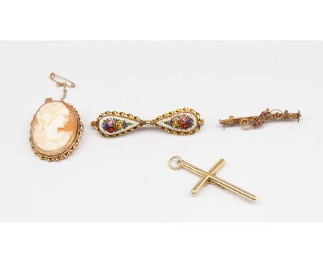 Three 9ct gold brooches including an oval cameo brooch, length approx 35mm, a micro mosaic brooch, length approx 55mm (modifi