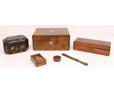Treen- A lacquered tea caddy, a burr walnut veneer writing box and four further items