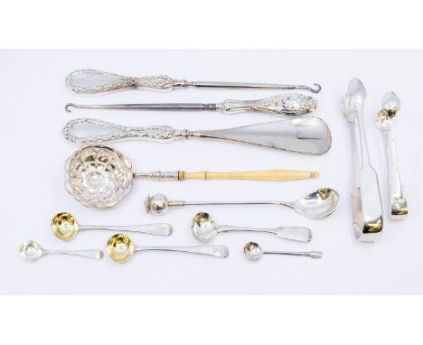 A collection of mixed silver flatware to include; a bone handled 800 standard silver long sifter/ladle with pierced bowl, app