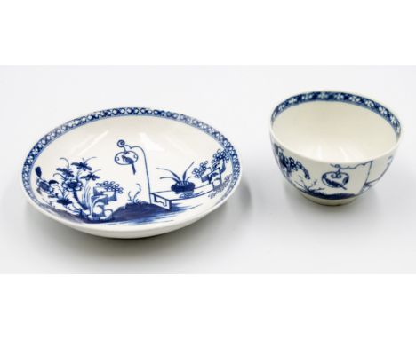 A Worcester blue and white tea bowl and saucer with ‘Bird in a ring’ patternCirca 1765Saucer diameter  12.5cm, tea bowl diame