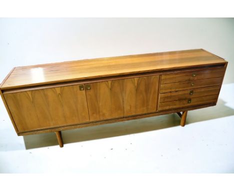 1970s Danish Linneberg light mahogany sideboard with four single end drawers and two cupboard doors with campaign handles, bl