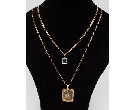 A 9ct gold rectangular locket, size 26 x 22mm, on a diamond cut link chain, length approx 60cm, along with a square step cut 
