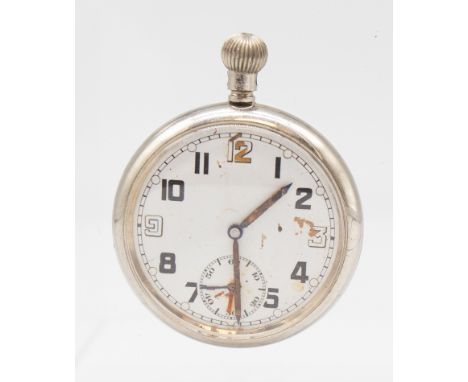 A WWII military metal pocket watch, comprising a white dial with Arabic numerals, subsidiary dial at 6, keyless wind at 12, c