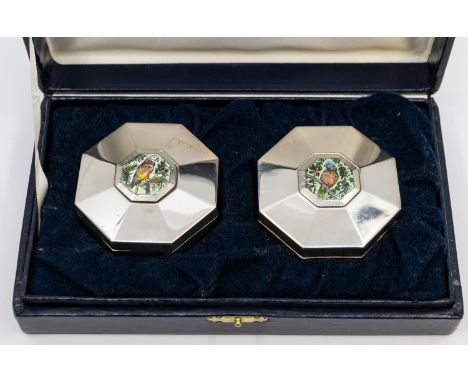 A cased pair of limited edition Queen Elizabeth II silver octagonal trinket boxes, each with parrot/cockatoo enamelled octago