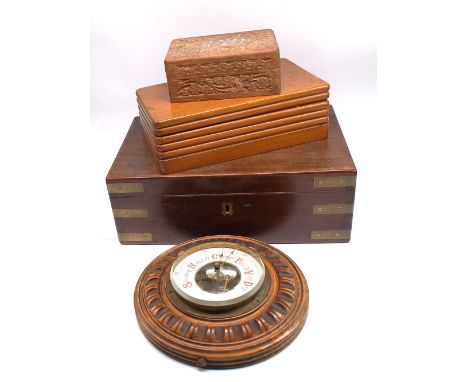 A 19th Century trinket box along with two other trinket treen boxes and an early 20th Century oak wall barometer.