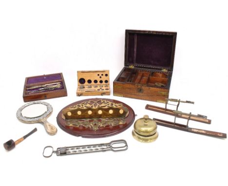 A mixed lot of treen and other items to include; a 19th century mahogany stationary box, having brass plates and corners, com