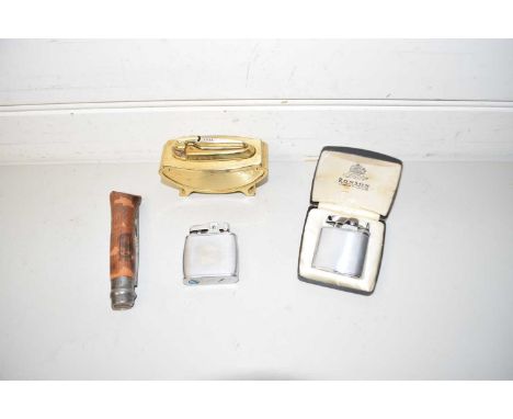 GILT BRASS TABLE LIGHTER TOGETHER WITH OTHER LIGHTERS AND A WOODEN PENKNIFE