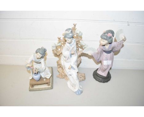 GROUP OF THREE LLADRO FIGURES INCLUDING A JAPANESE GIRL WITH FANS, FURTHER LLADRO MODEL OF A JAPANESE POTTER (3)